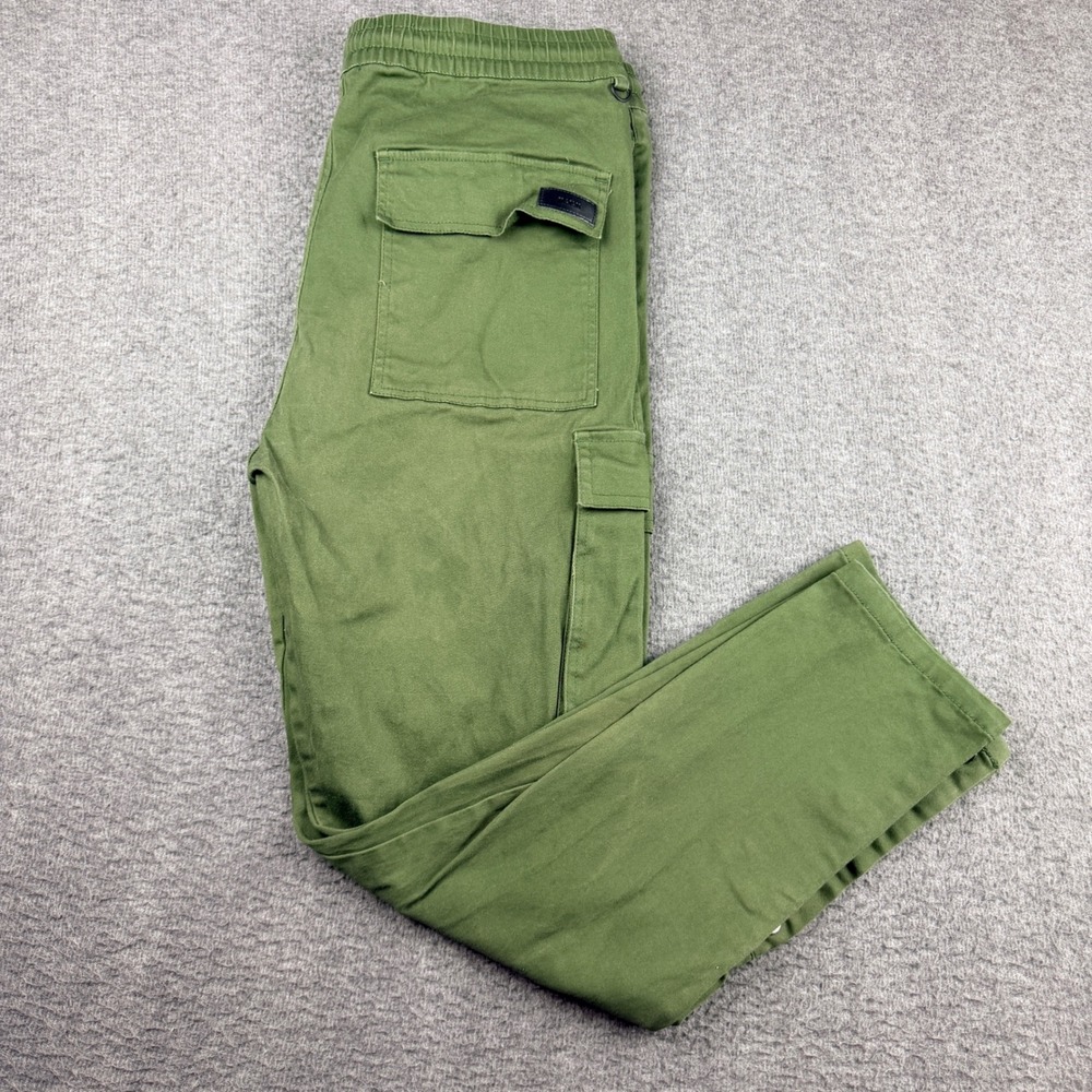 114 1411‎ Men's 30 Olive Green Button Cargo Pants Elastic Waist Straight Leg